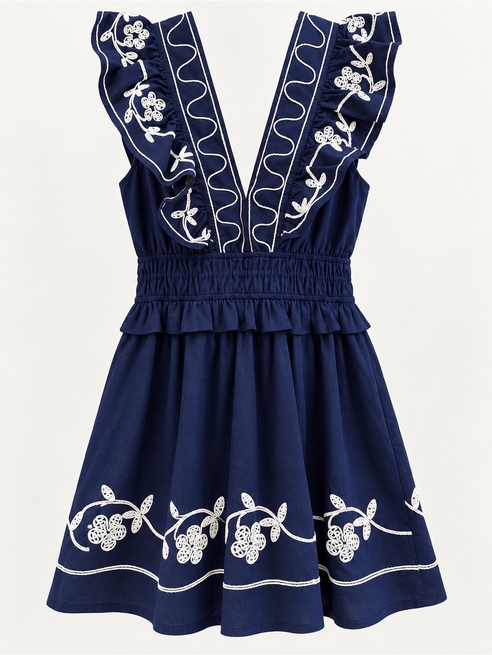Women's Navy Embroidered V-Neck Dress